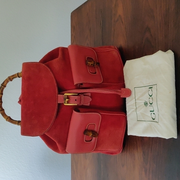 Red Suede Gucci Backpack Vintage Bamboo main image 9